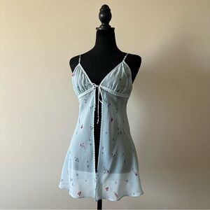 Babydoll Sheer Light Blue Floral Tie-Front Chemise / Lingerie Top